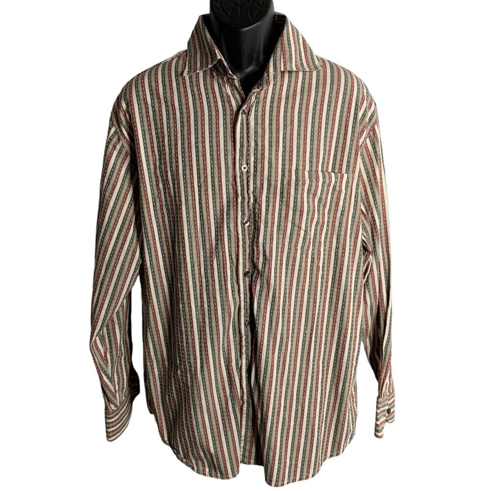 Vintage 90s Button Up Long Sleeve Shirt XL Multicolor Textured Stripes Pocket